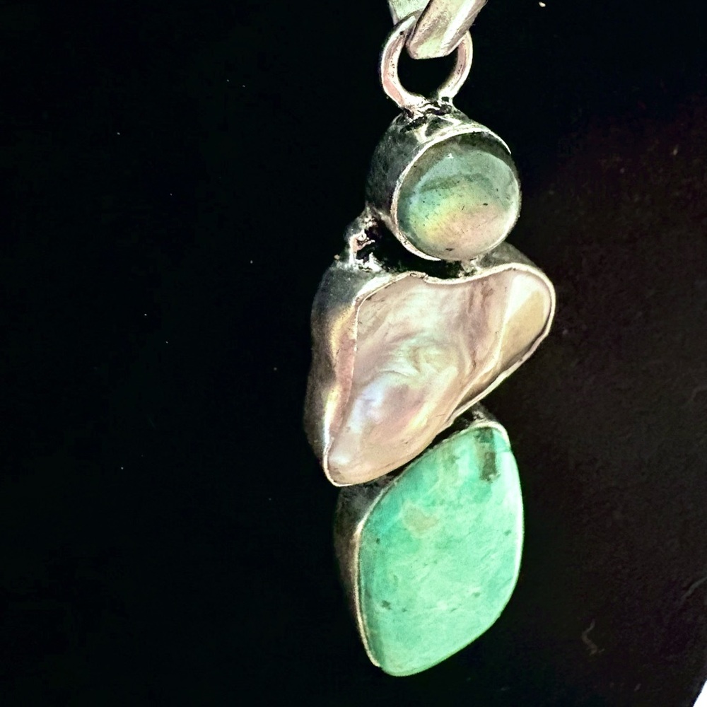 2 inch,Peruvian Turquoise, Biwa Pearl and Labradorite pendant on a silver chain